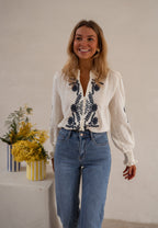 Ecru and Blue Embroidered Salome Blouse