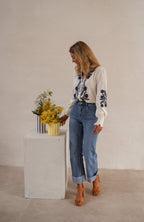 Ecru and Blue Embroidered Salome Blouse