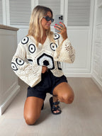 Ecru and Black Crochet Nael Blouse