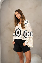 Ecru and Black Crochet Nael Blouse