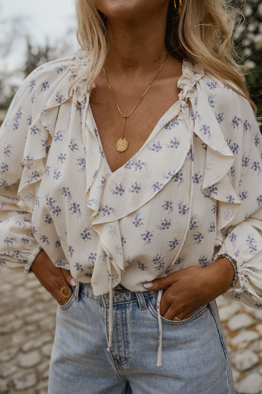 Ecru with Blue Floral Euredice Blouse