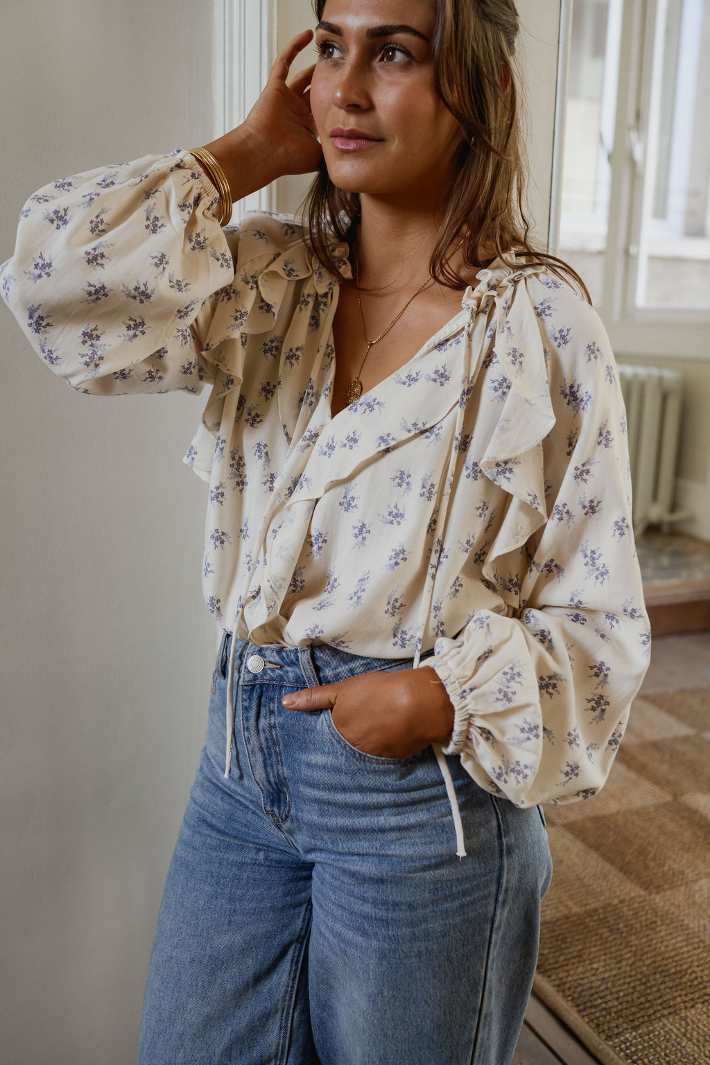 Ecru with Blue Floral Euredice Blouse