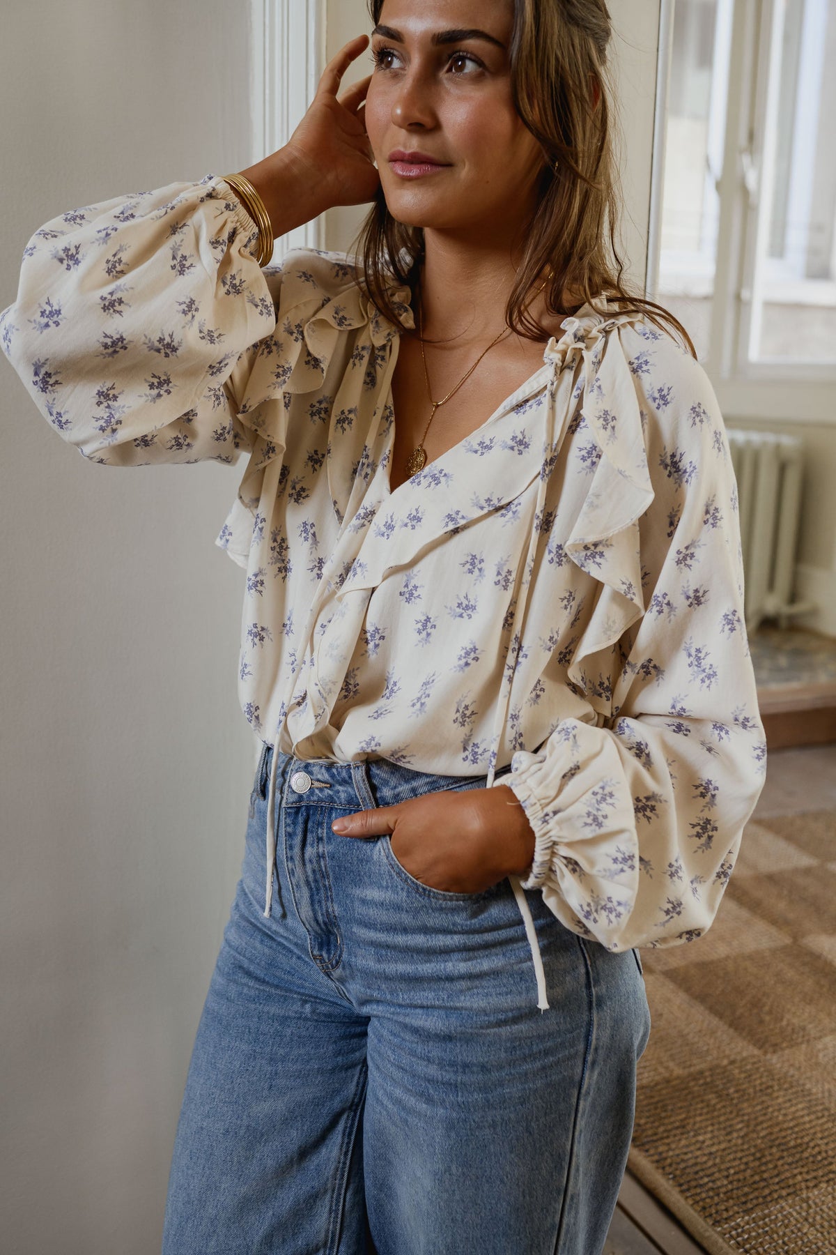 Ecru with Blue Floral Euredice Blouse
