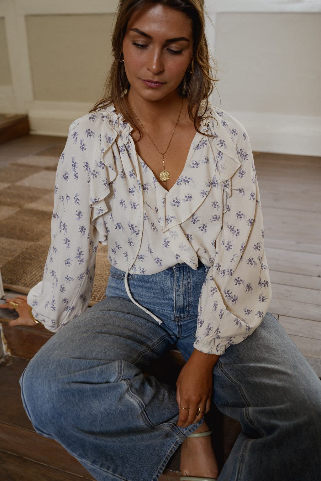 Ecru with Blue Floral Euredice Blouse