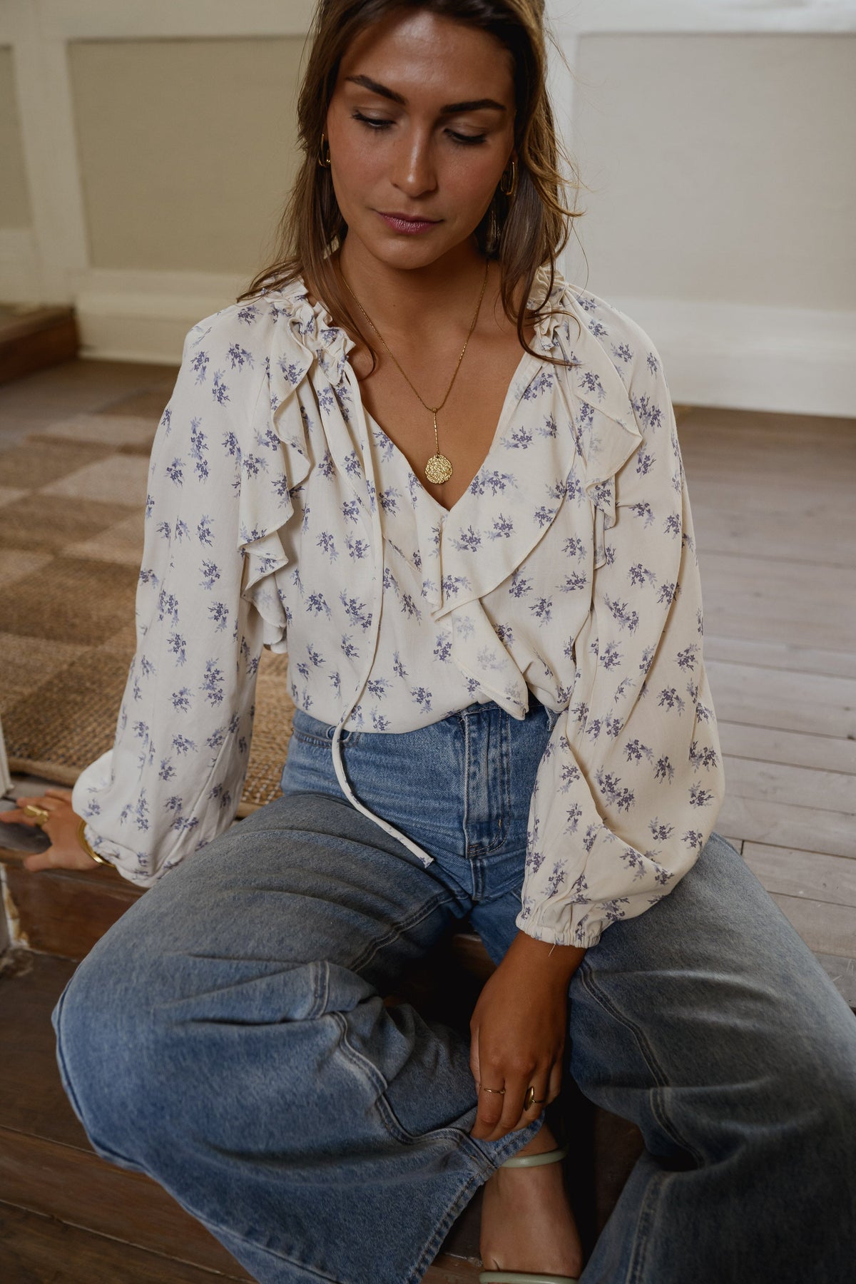 Ecru with Blue Floral Euredice Blouse