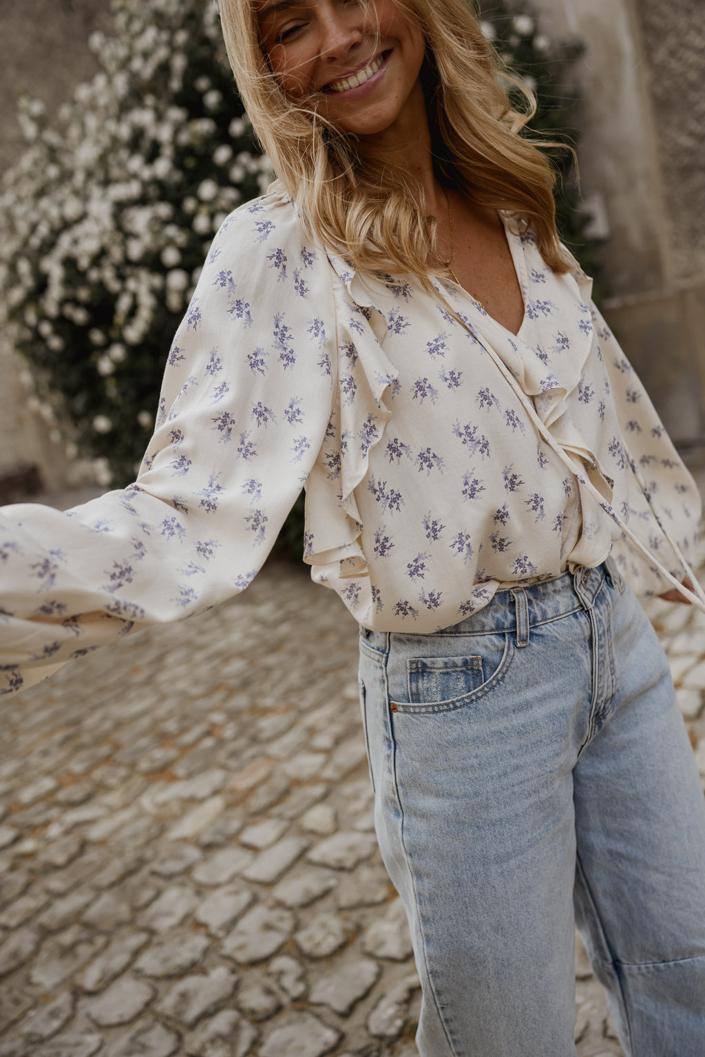 Ecru with Blue Floral Euredice Blouse