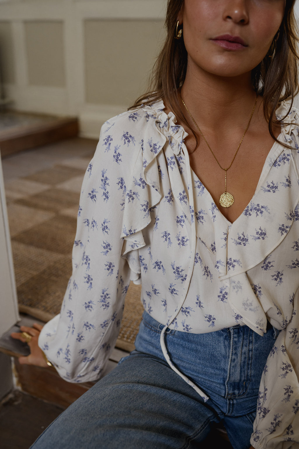 Ecru with Blue Floral Euredice Blouse