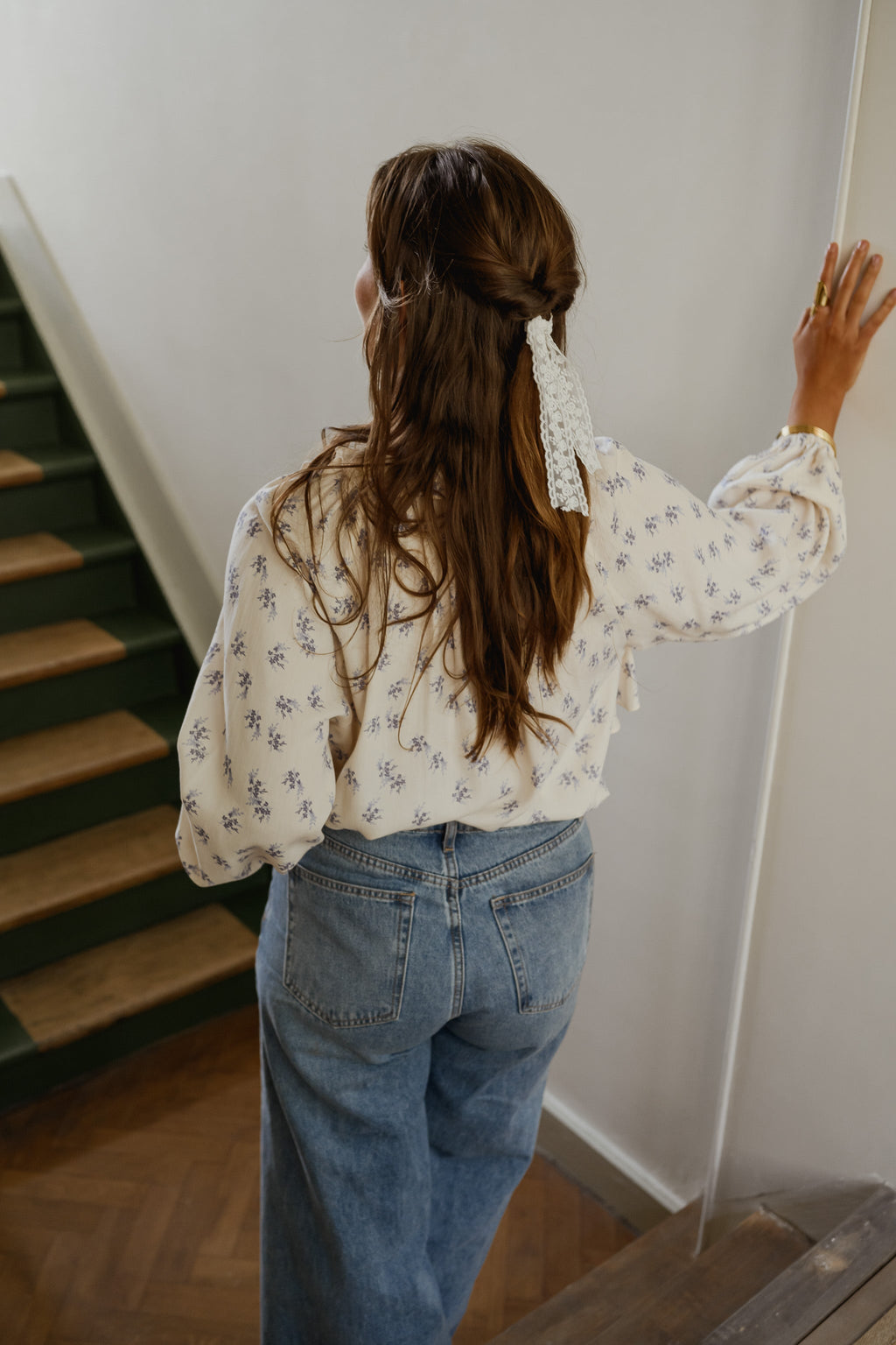 Ecru with Blue Floral Euredice Blouse