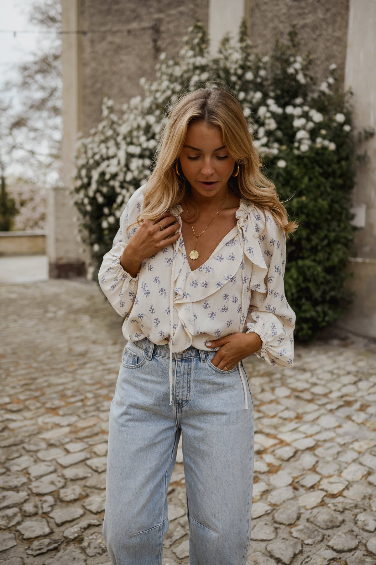 Ecru with Blue Floral Euredice Blouse