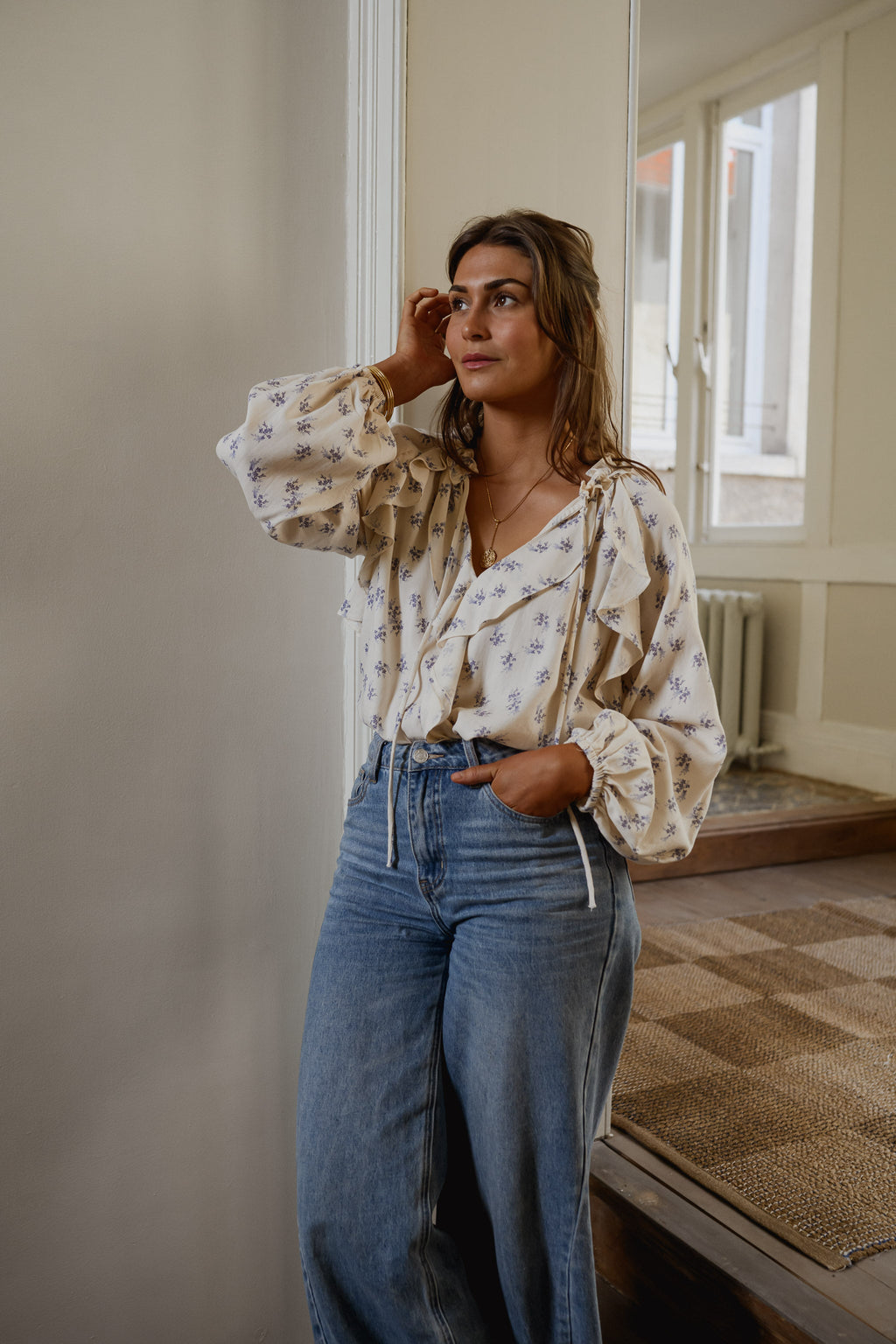 Ecru with Blue Floral Euredice Blouse