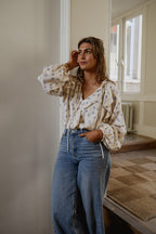 Ecru with Blue Floral Euredice Blouse