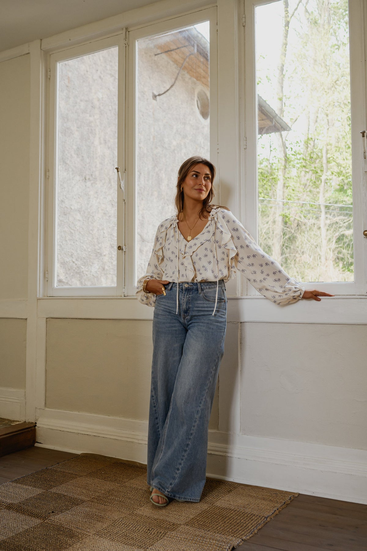 Ecru with Blue Floral Euredice Blouse