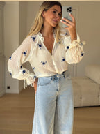 Ecru and Blue Floral Gabrielle Blouse
