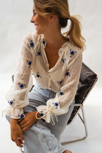 Ecru and Blue Floral Gabrielle Blouse