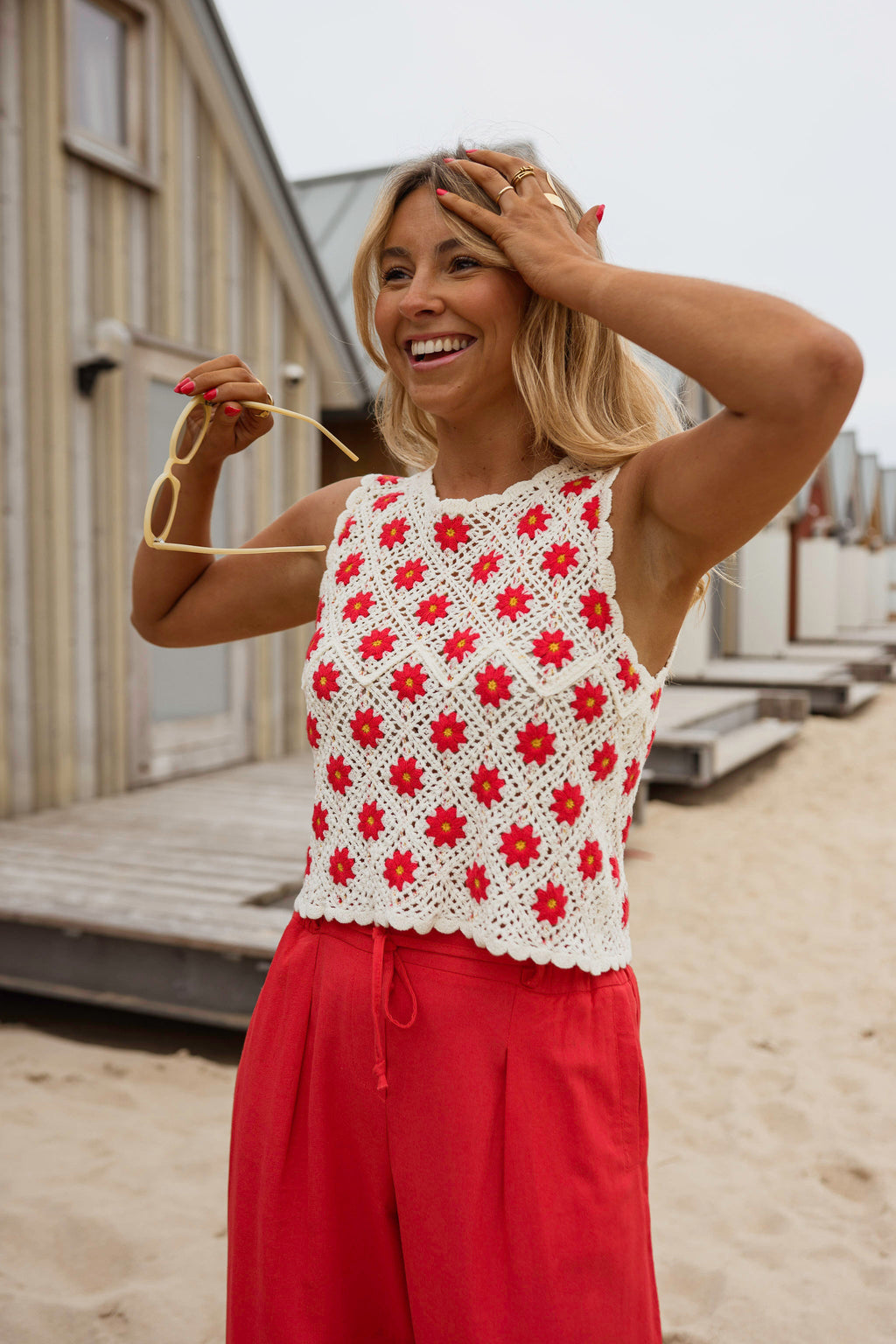 Ecru And Red Crochet Marcella Top
