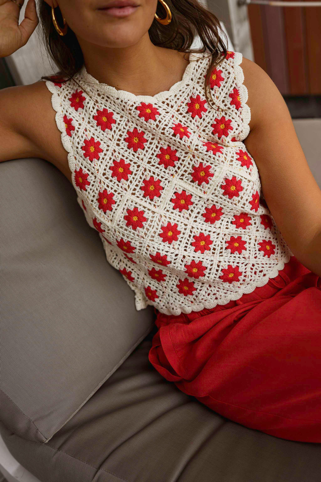 Ecru And Red Crochet Marcella Top