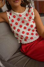 Ecru And Red Crochet Marcella Top