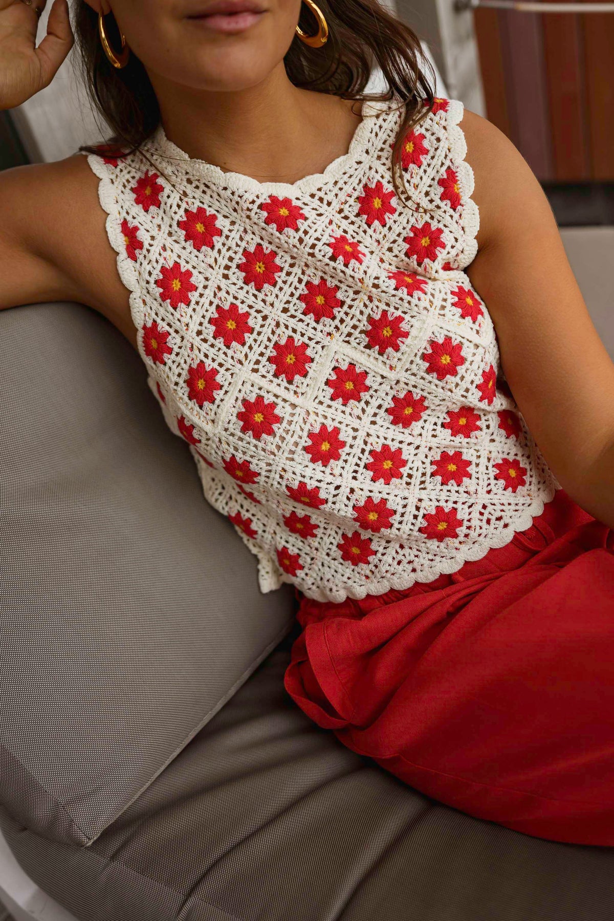 Ecru And Red Crochet Marcella Top