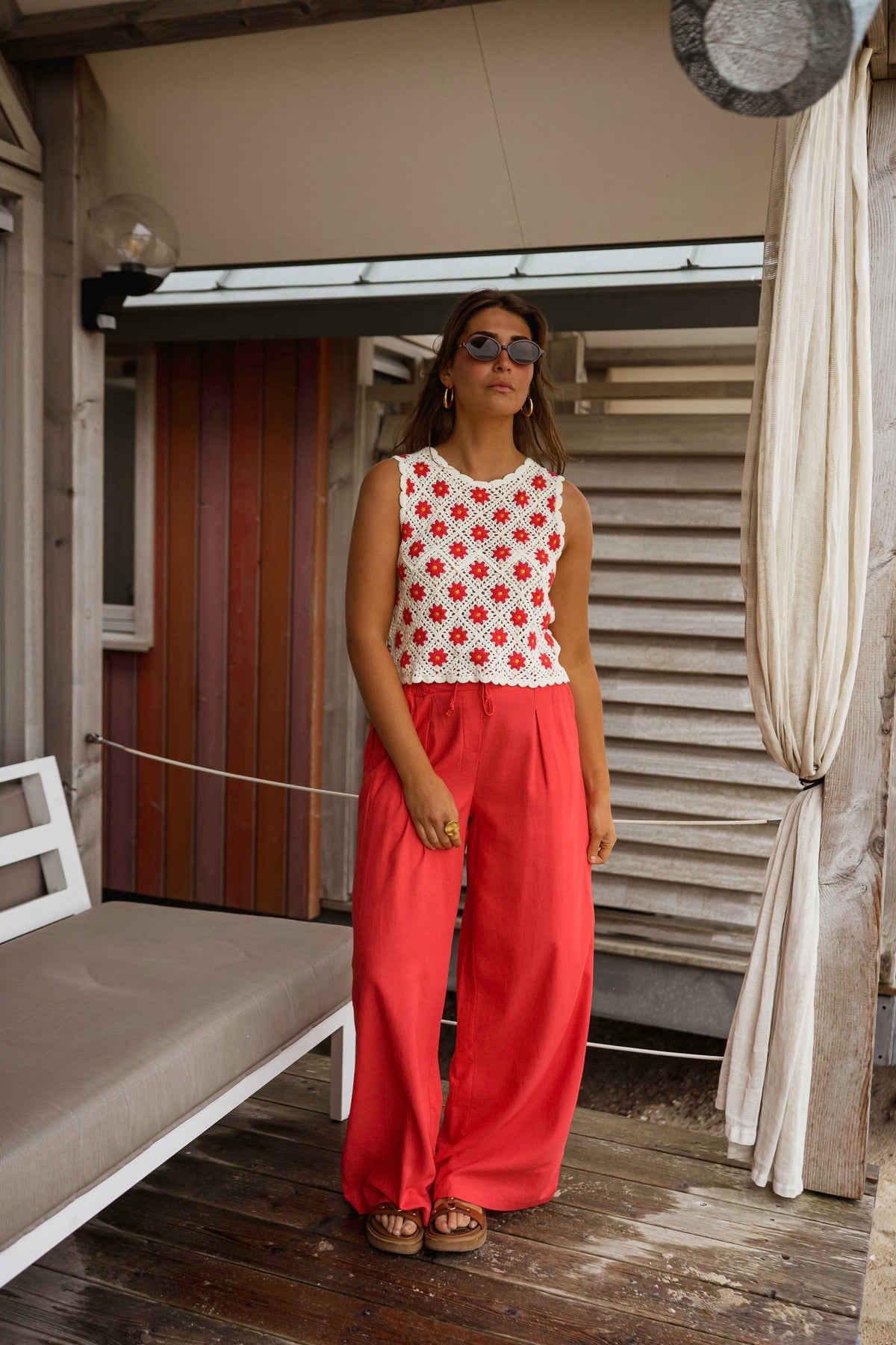 Ecru And Red Crochet Marcella Top