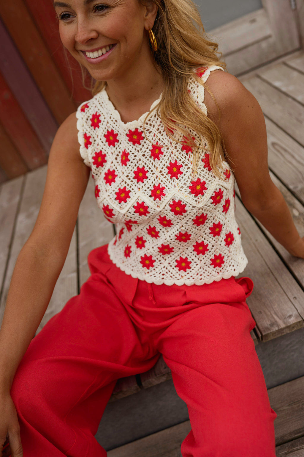 Ecru And Red Crochet Marcella Top
