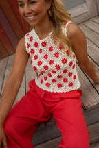 Ecru And Red Crochet Marcella Top