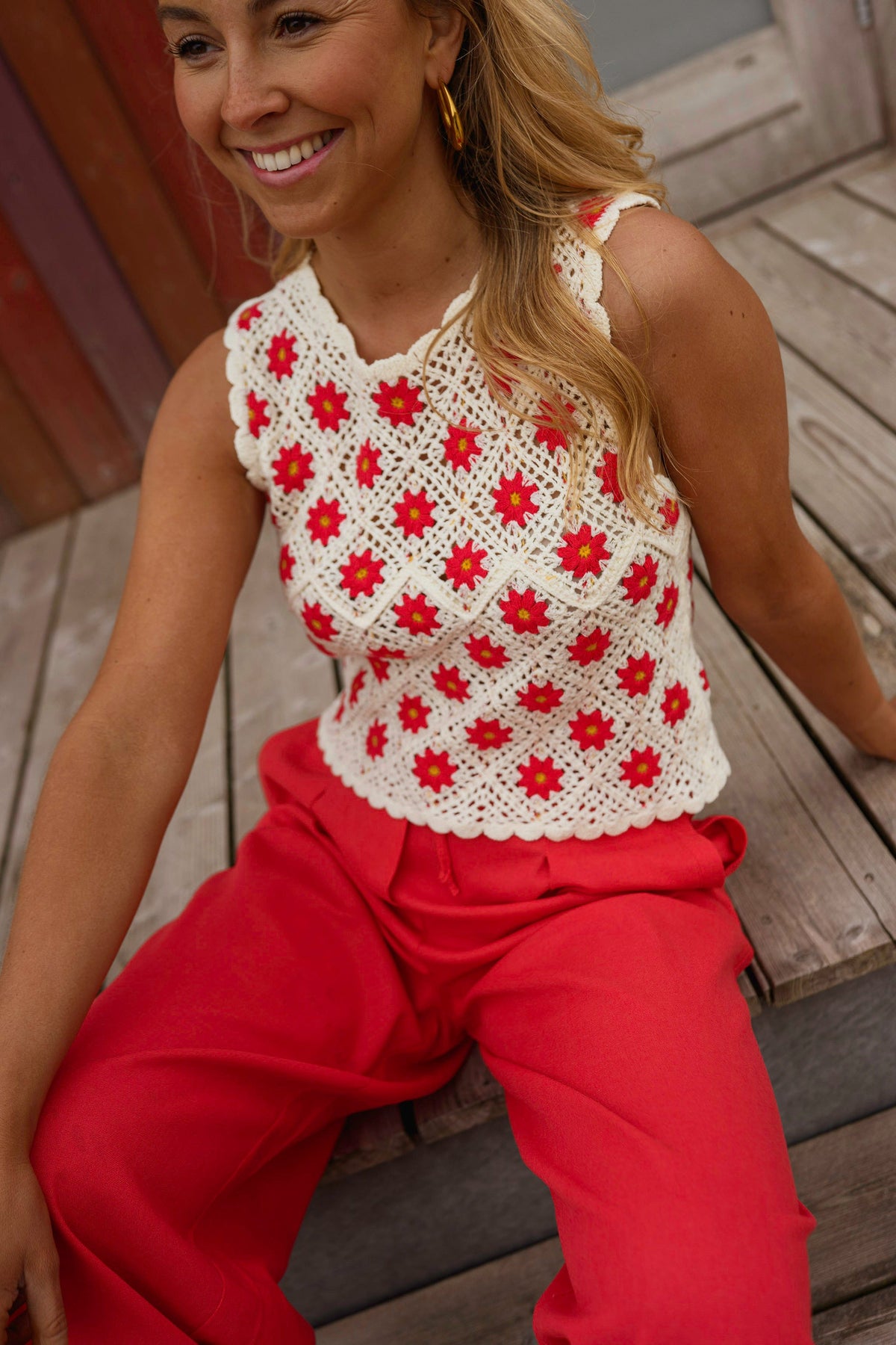Ecru And Red Crochet Marcella Top