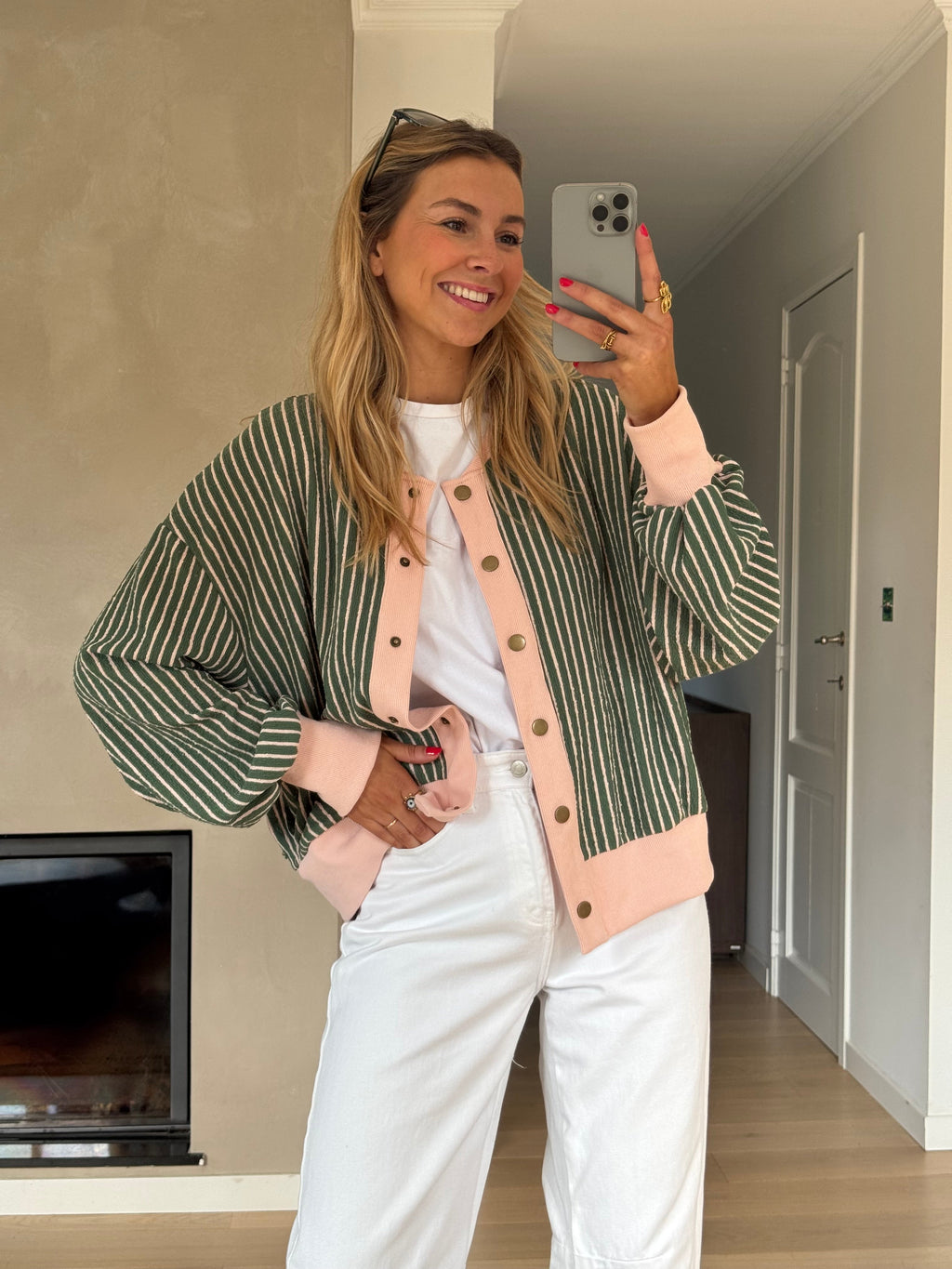 Green With Pink Stripes Verda Cardigan