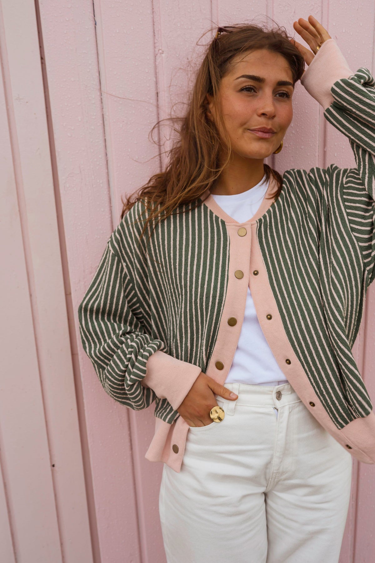 Green With Pink Stripes Verda Cardigan